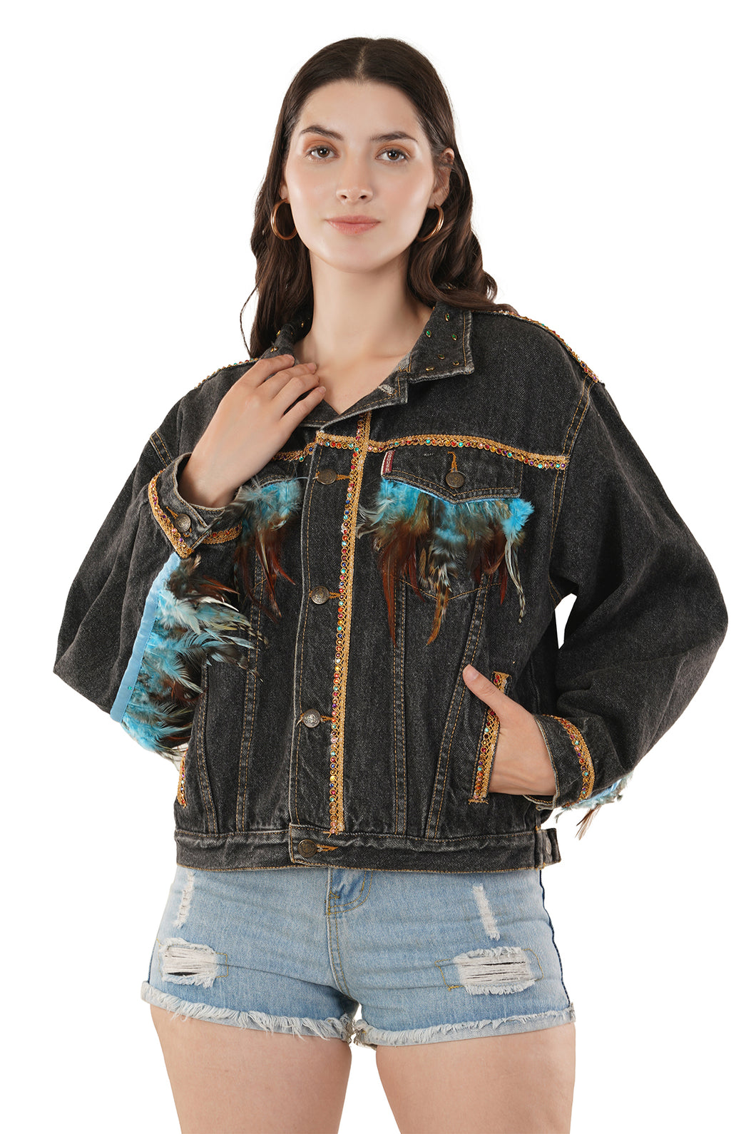 Jova Denim Jacket For Women's C Shiny Mix Denim Jacket
