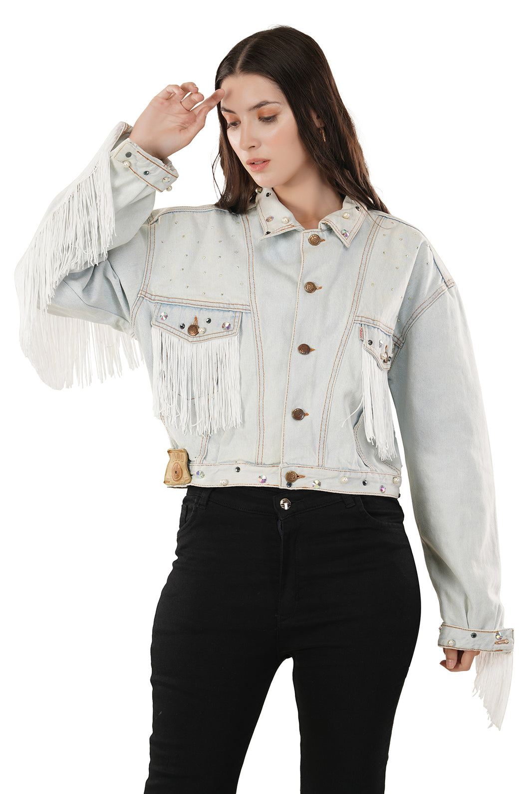 Jova Denim Jacket For Women's E Light blue rhinestone denim jacket.