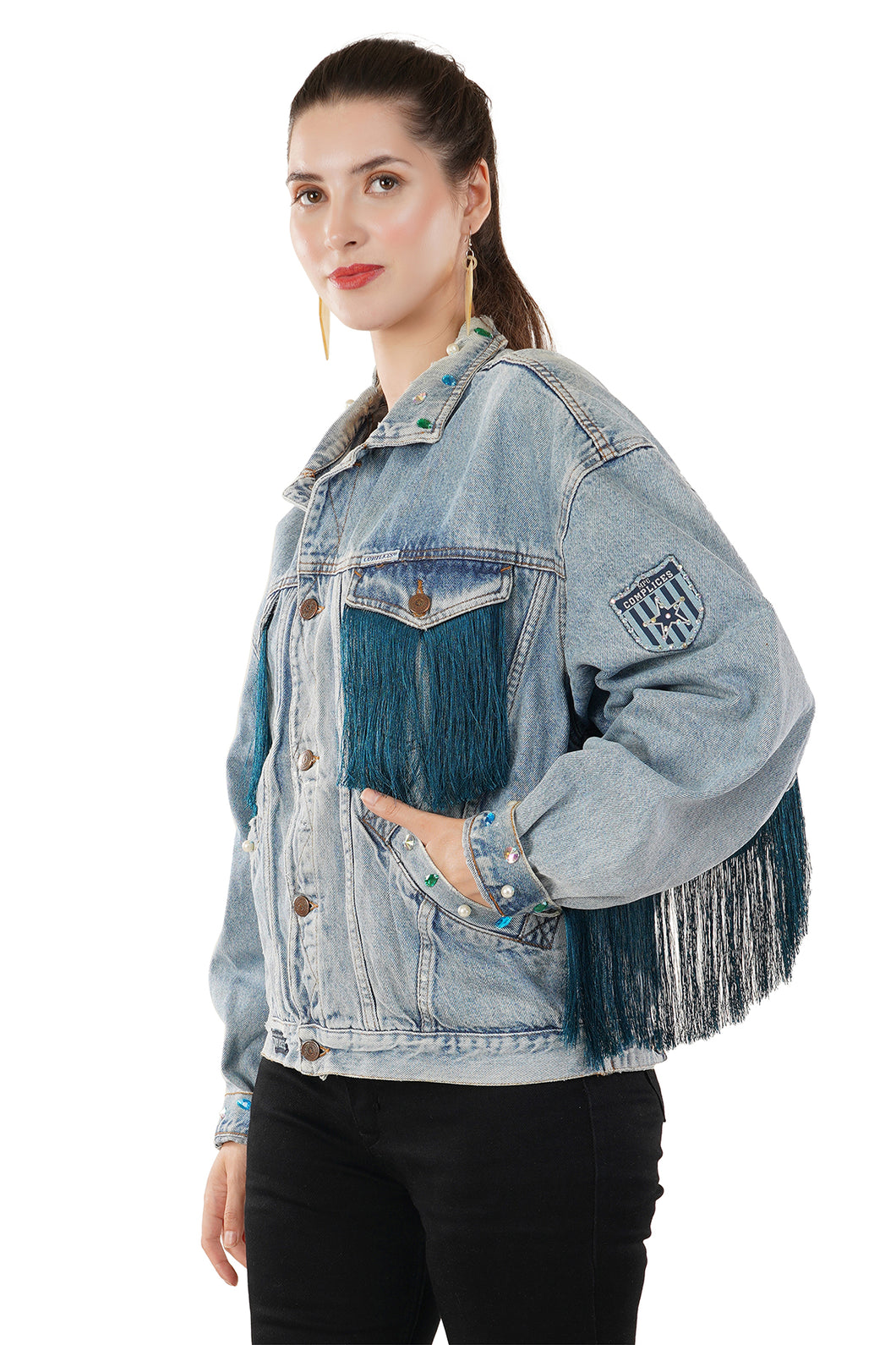 Jova Denim Jacket For Women's D Tassel Fringed Pearl Denim Jacket