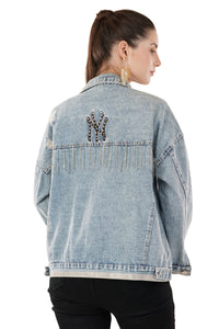 Jova Denim Jacket For Women's A Distressed denim jacket with tassels