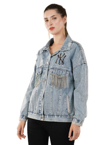 Jova Denim Jacket For Women's A Distressed denim jacket with tassels