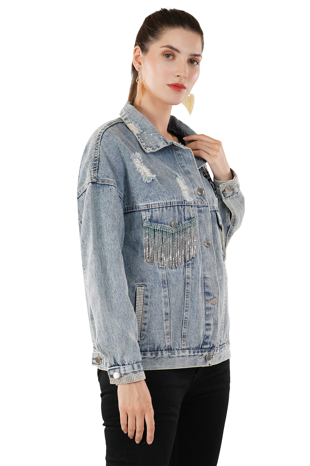 Jova Denim Jacket For Women's A Distressed denim jacket with tassels