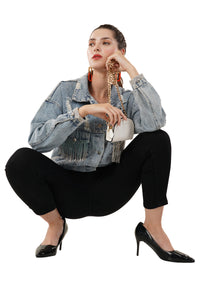 Jova Denim Jacket For Women's A Distressed denim jacket with tassels